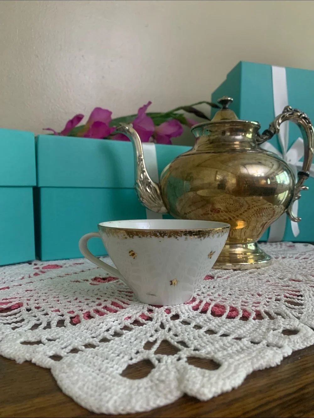 White Porcelain Teacup with Gold Trim and Multicolor Masonic Eastern  Star Accen